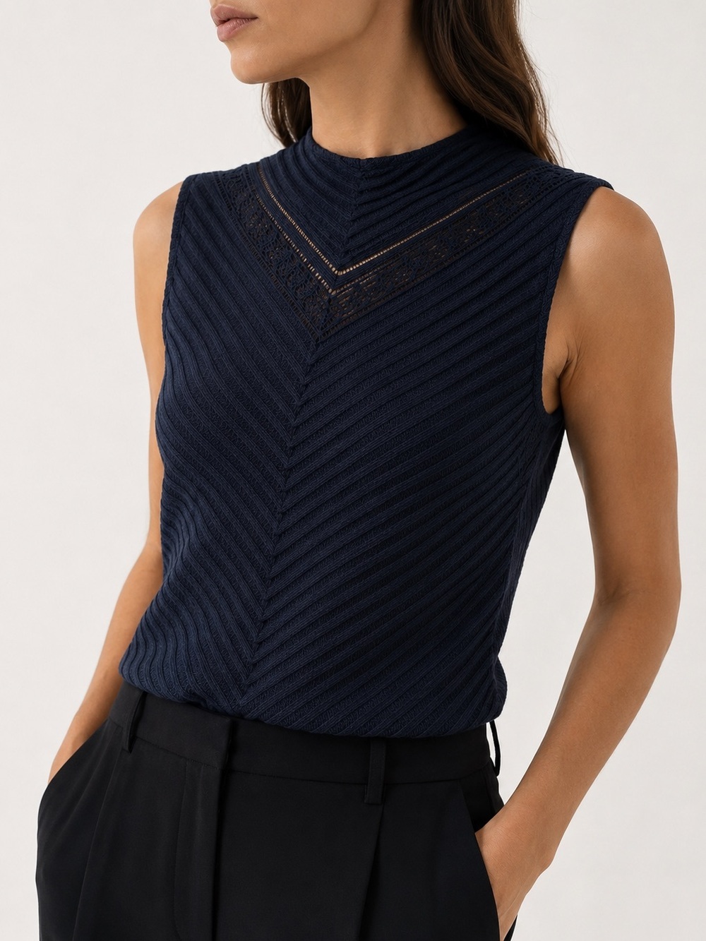 St John Navy Chevron Knit Shell Quiet Luxury Top S